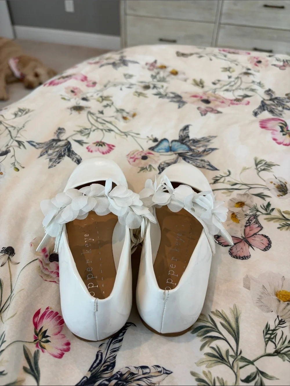 Girls' White Faux Patent Mary Jane Flats with Floral Strap